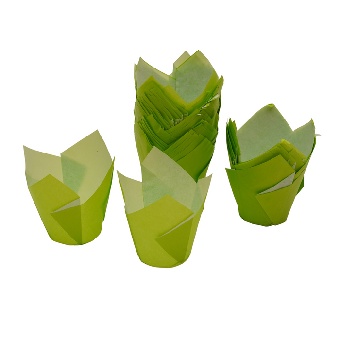 Elegant tulip muffin liners—grease-proof, oven-safe & available in vibrant colors for mess-free baking.