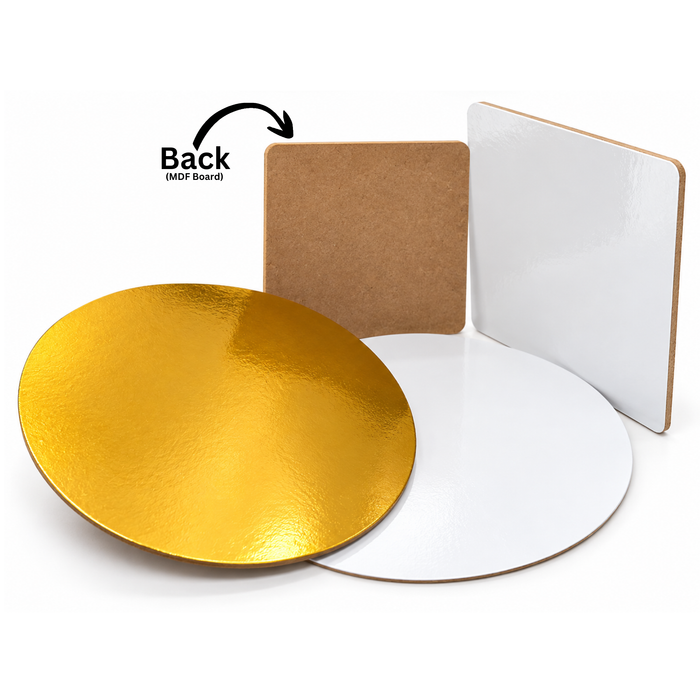 MDF Cake Base Board  | Glossy Gold & White, Round and Square | Pack of 10 – Multiple Sizes