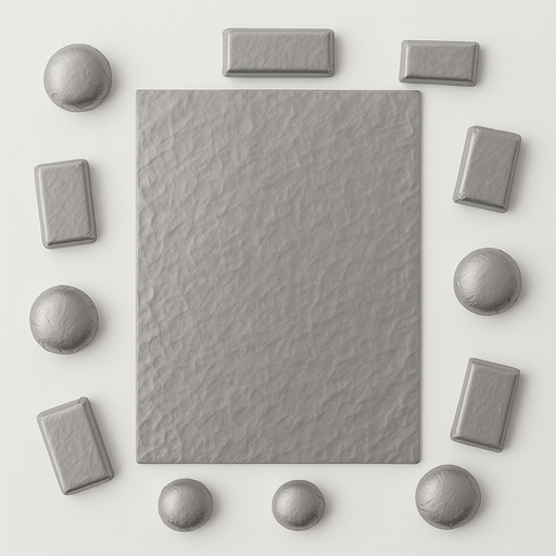 A central silver foil sheet encircled by various round and rectangular foil-wrapped candy pieces arranged on a white background.