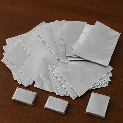 A scattered collection of silver foil sheets and small rectangular foil-wrapped packages displayed on a wooden surface, ideal for packaging or crafts.
