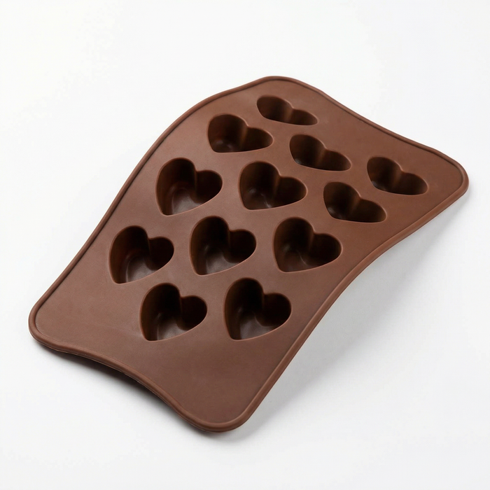 3D Heart Design- Silicone Chocolate Mould | 12 Cavities | Flexible Non-Stick | Brown