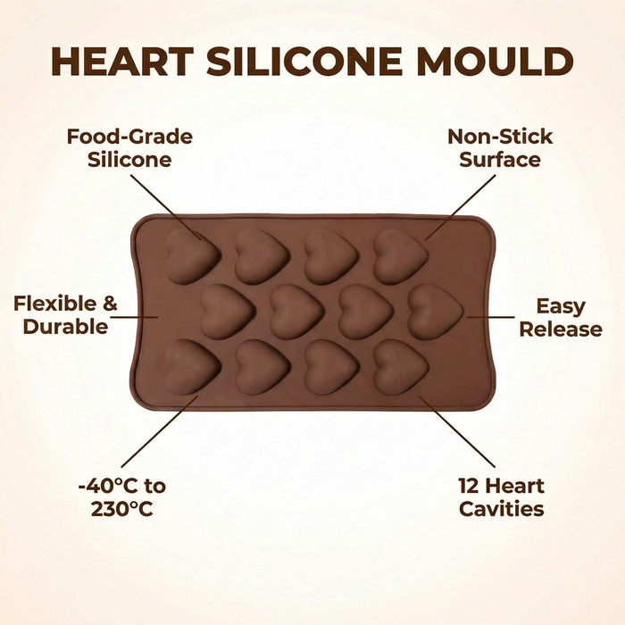 3D Heart Design- Silicone Chocolate Mould | 12 Cavities | Flexible Non-Stick | Brown