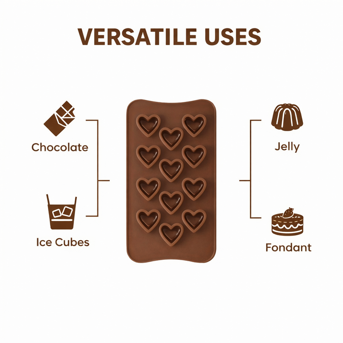 3D Heart Design- Silicone Chocolate Mould | 12 Cavities | Flexible Non-Stick | Brown