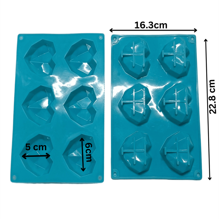 6 Cavity 3D Diamond Heart Silicone Mould with dimensions