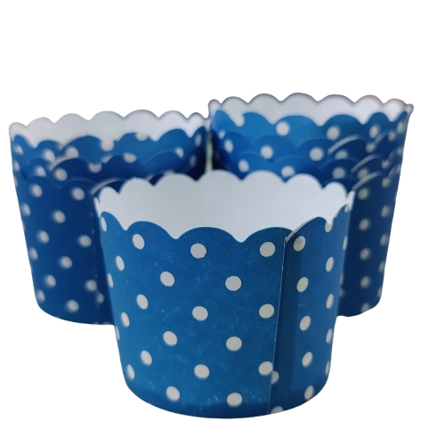 Three blue paper cupcake moulds with white polka dots and scalloped edges, ideal for baking or party decoration.