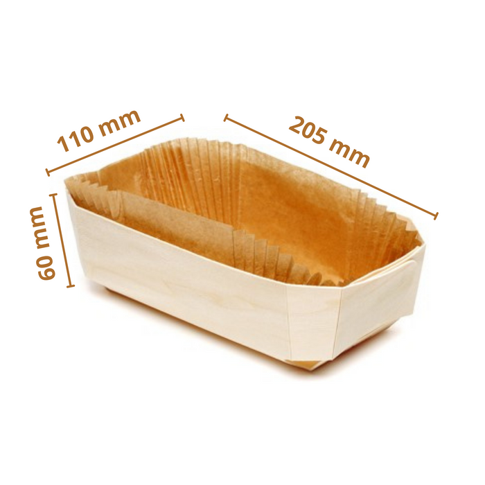 205x110x60 mm- Rectangular Wooden Baking Mold (Pack of 5 Wooden Trays and 15 Paper Liners) | For 600 grams Bake