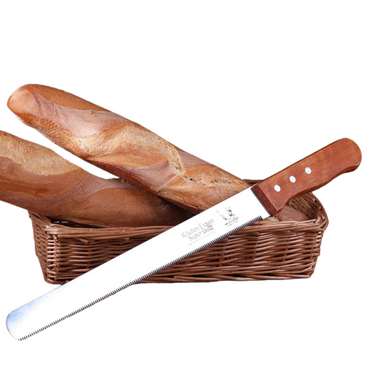 Esslly’s Serrated Bread Knife. Sharp blade, ergonomic wooden handle, and available in 10, 12 and 14 inch sizes for perfect cuts every time.