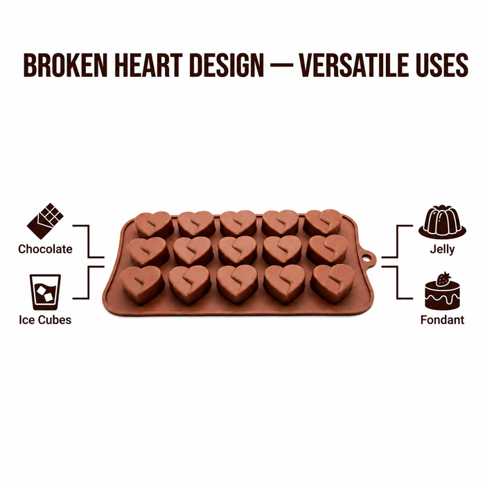 Broken Heart Design- Silicone Chocolate Mould | 15 Cavities | Flexible Non-Stick | Brown