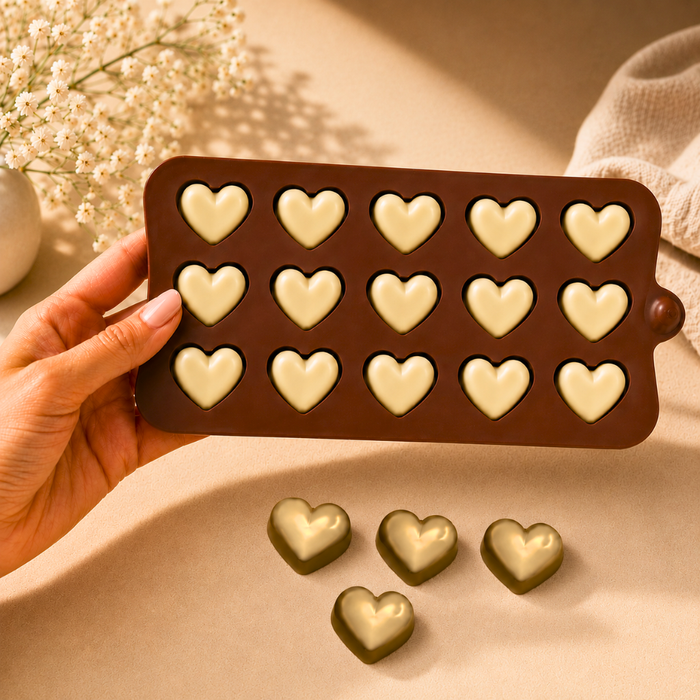 Bubble Heart Design- Silicone Chocolate Mould | 15 Cavities | Flexible Non-Stick | Brown