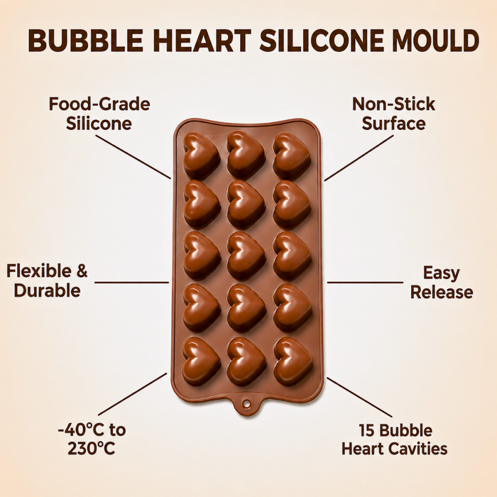 Bubble Heart Design- Silicone Chocolate Mould | 15 Cavities | Flexible Non-Stick | Brown