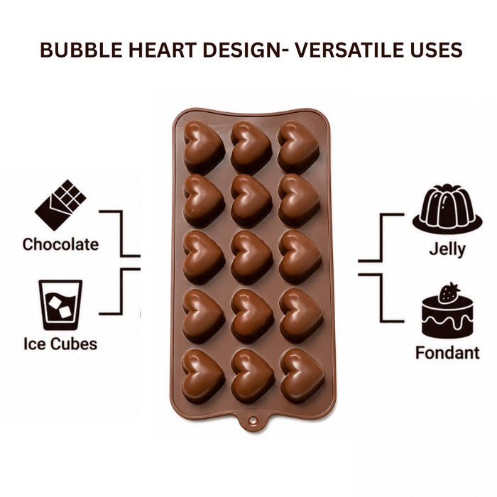 Bubble Heart Design- Silicone Chocolate Mould | 15 Cavities | Flexible Non-Stick | Brown