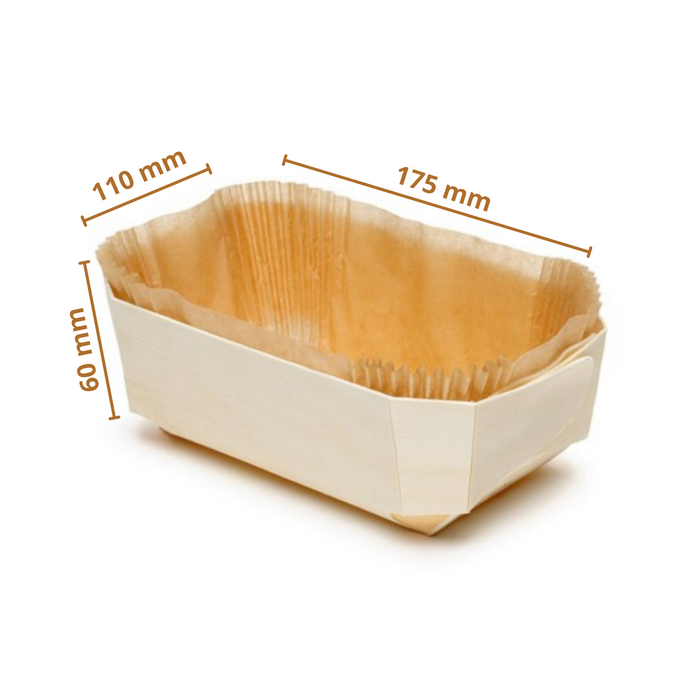 175x110x60 mm - Rectangular Wooden Baking Mold (Pack of 8 Wooden Trays and 24 Paper Liners) | For 500 grams Bake