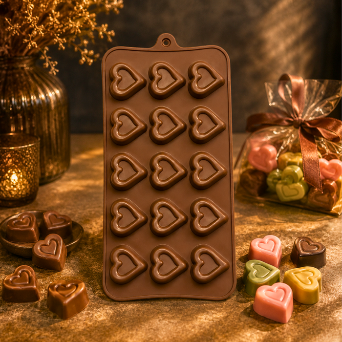 Double Heart Design- Silicone Chocolate Mould | 15 Cavities | Flexible Non-Stick | Brown