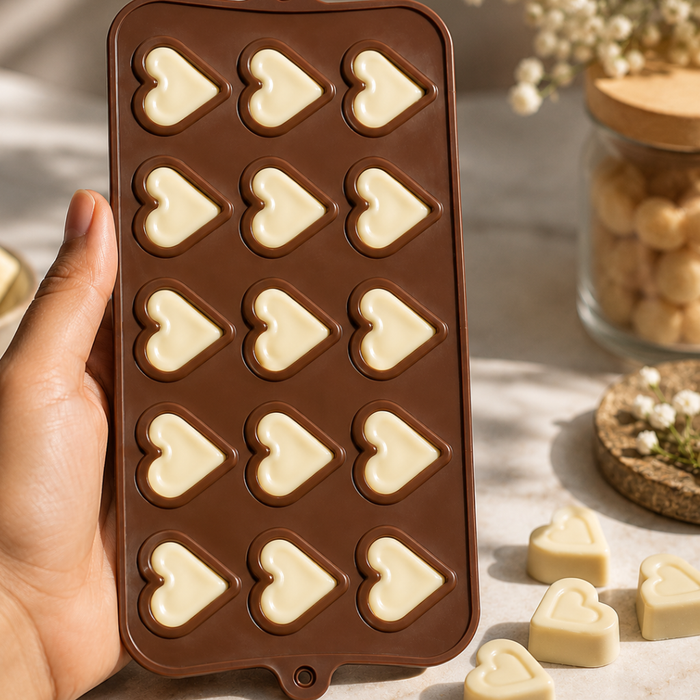 Double Heart Design- Silicone Chocolate Mould | 15 Cavities | Flexible Non-Stick | Brown