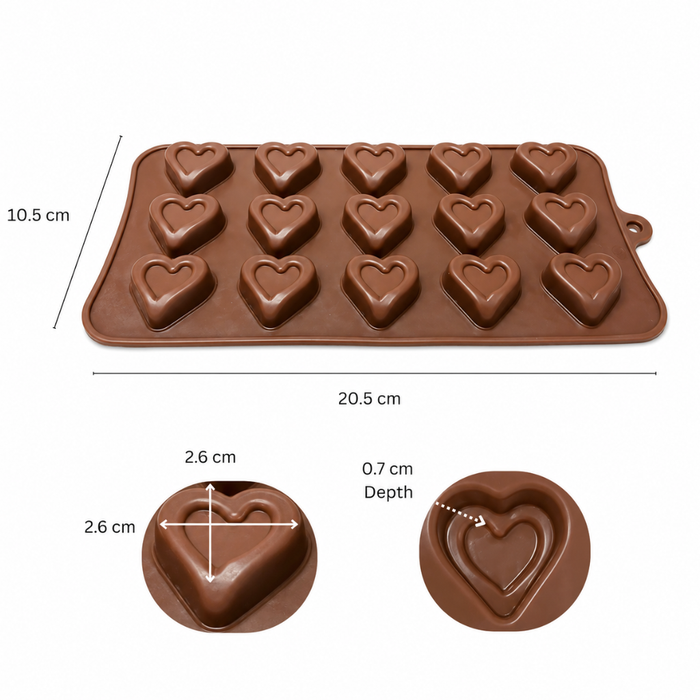 Double Heart Design- Silicone Chocolate Mould | 15 Cavities | Flexible Non-Stick | Brown