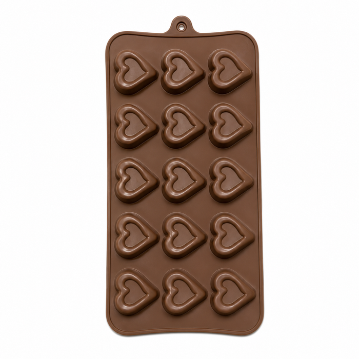 Double Heart Design- Silicone Chocolate Mould | 15 Cavities | Flexible Non-Stick | Brown