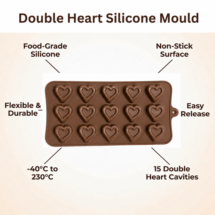 Double Heart Design- Silicone Chocolate Mould | 15 Cavities | Flexible Non-Stick | Brown