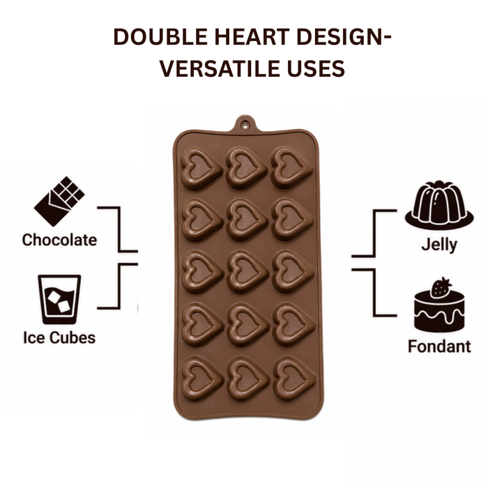 Double Heart Design- Silicone Chocolate Mould | 15 Cavities | Flexible Non-Stick | Brown