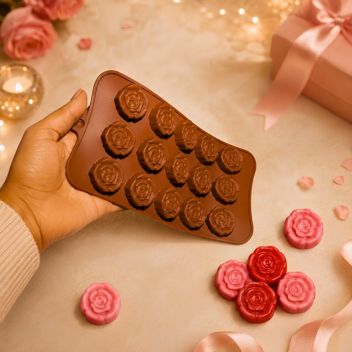 Floral Rose Pattern- Silicone Chocolate Mould | 15 Cavities | Flexible Non-Stick | Brown