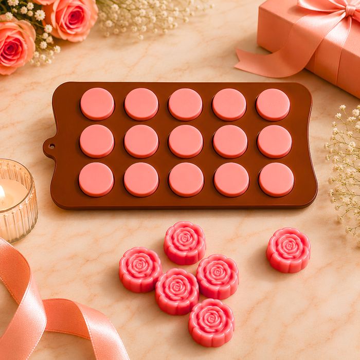 Floral Rose Pattern- Silicone Chocolate Mould | 15 Cavities | Flexible Non-Stick | Brown