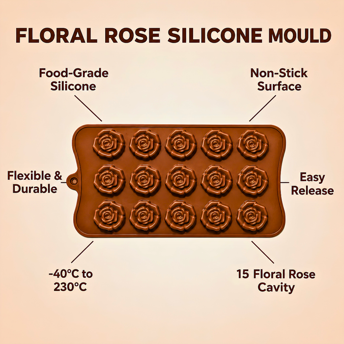Floral Rose Pattern- Silicone Chocolate Mould | 15 Cavities | Flexible Non-Stick | Brown
