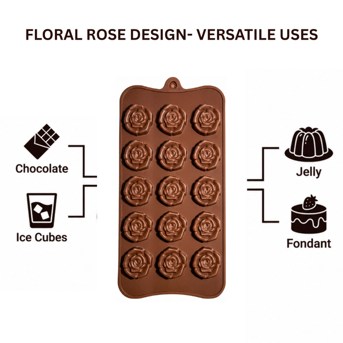 Floral Rose Pattern- Silicone Chocolate Mould | 15 Cavities | Flexible Non-Stick | Brown