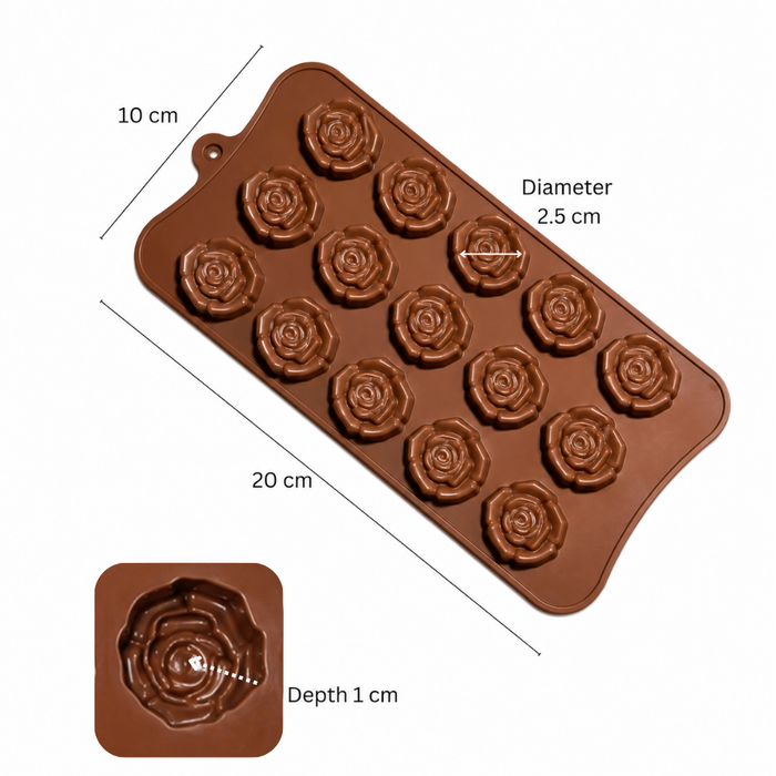 Floral Rose Pattern- Silicone Chocolate Mould | 15 Cavities | Flexible Non-Stick | Brown