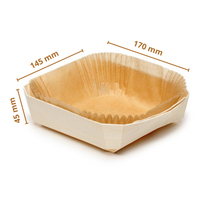 170x145x45 mm- Rectangular Wooden Baking Mold (Pack of 8 Wooden Trays and 24 Paper Liners) | For 225 grams Bake