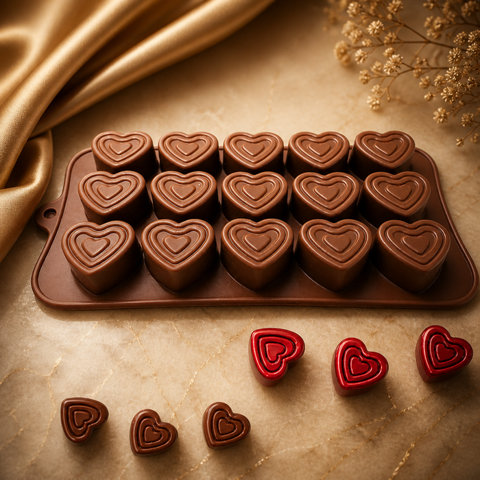 Layered Heart Design- Silicone Chocolate Mould | 15 Cavities | Flexible Non-Stick | Brown