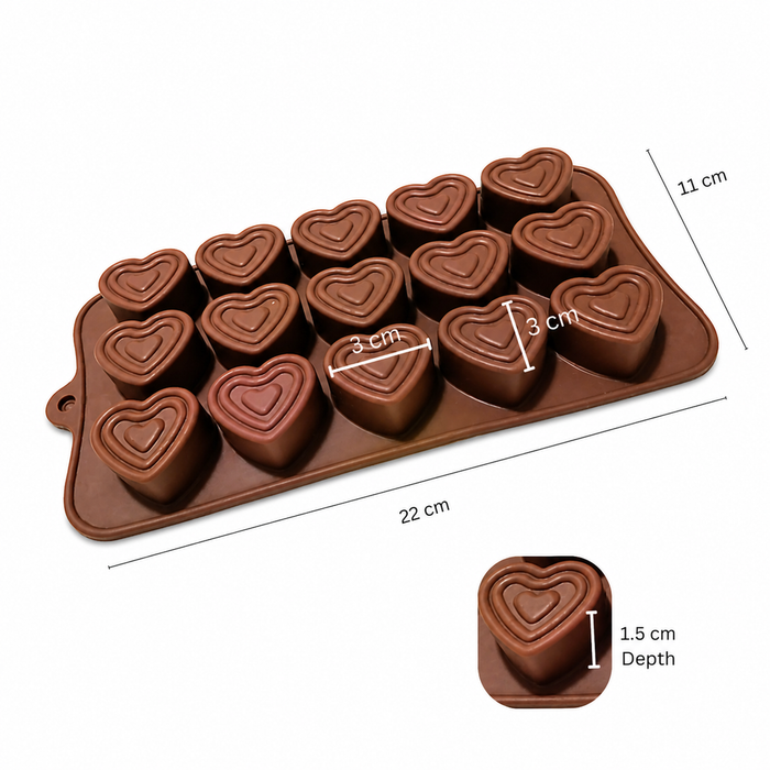 Layered Heart Design- Silicone Chocolate Mould | 15 Cavities | Flexible Non-Stick | Brown