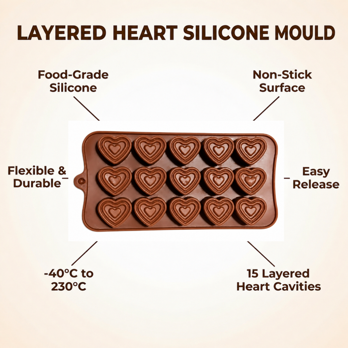 Layered Heart Design- Silicone Chocolate Mould | 15 Cavities | Flexible Non-Stick | Brown