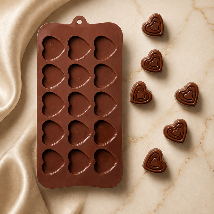 Layered Heart Design- Silicone Chocolate Mould | 15 Cavities | Flexible Non-Stick | Brown