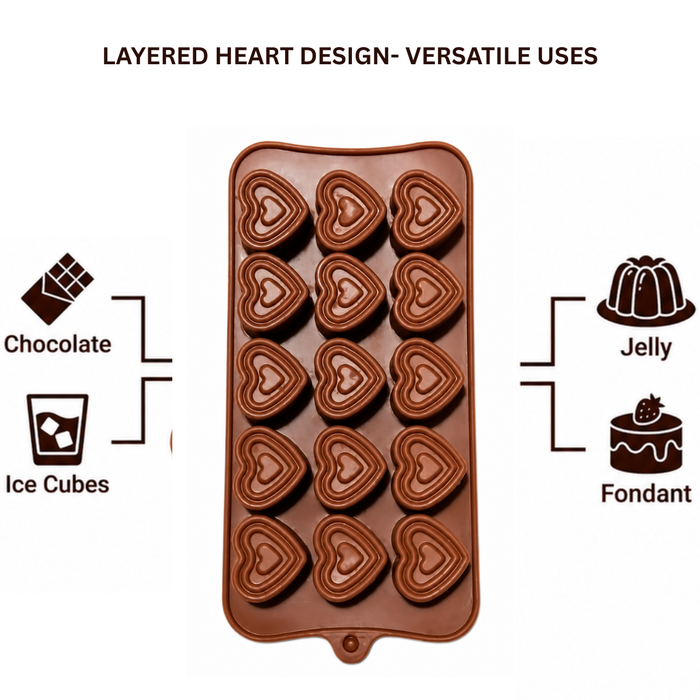Layered Heart Design- Silicone Chocolate Mould | 15 Cavities | Flexible Non-Stick | Brown