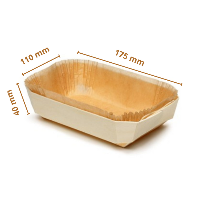 175x110x40 mm- Rectangular Wooden Baking Mold (Pack of 8 Wooden Trays and 24 Paper Liners) | For 300 grams Bake