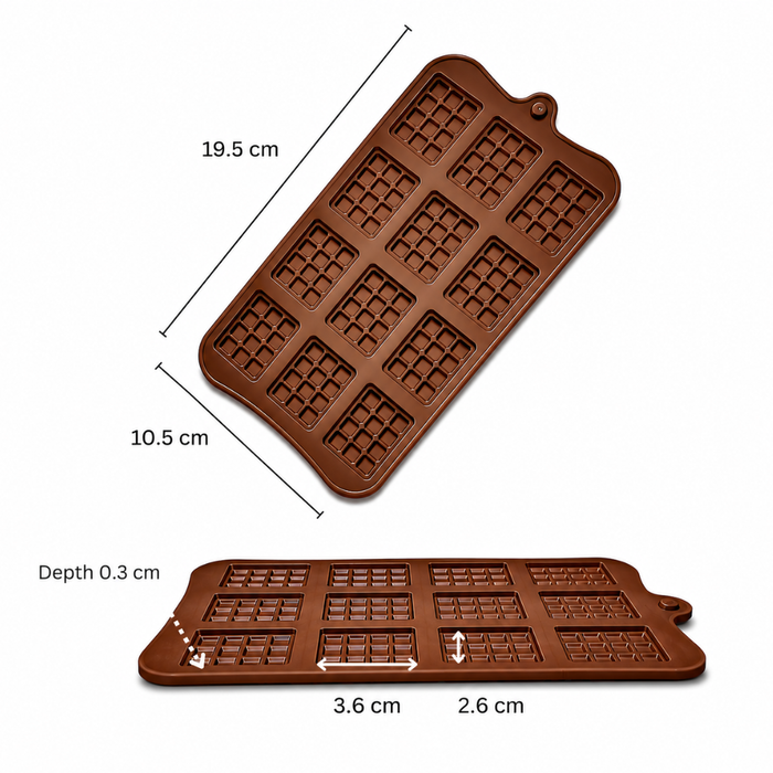 Mini Grid Chocolate Bar Design- Silicone Mould | 12 Cavities | Flexible Non-Stick | Brown