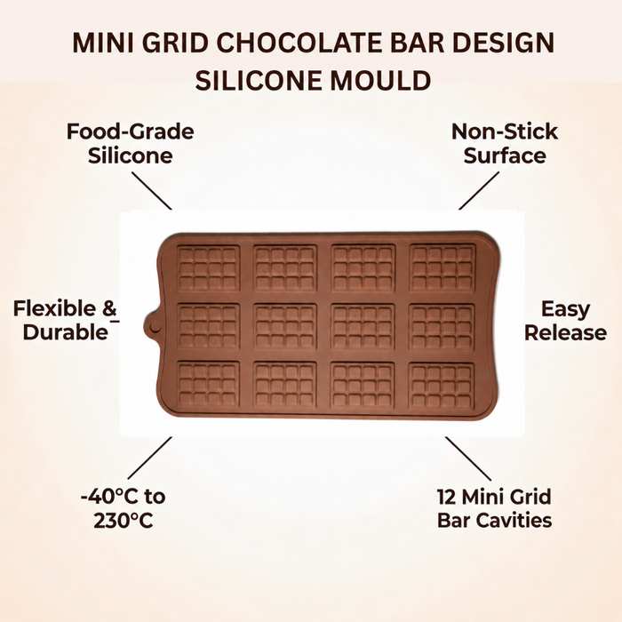 Mini Grid Chocolate Bar Design- Silicone Mould | 12 Cavities | Flexible Non-Stick | Brown