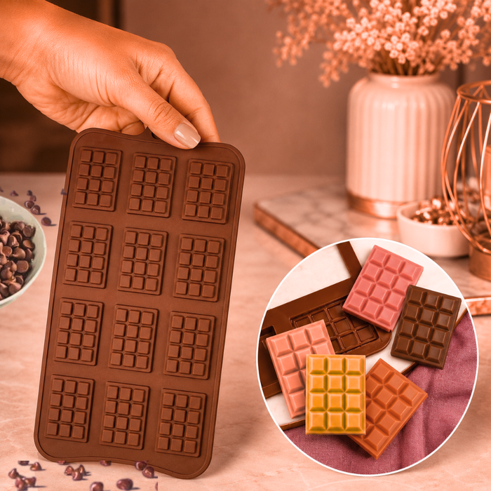 Mini Grid Chocolate Bar Design- Silicone Mould | 12 Cavities | Flexible Non-Stick | Brown