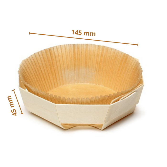 145x45 mm- Round Wooden Baking Mold (Pack of 8 Wooden Trays and 24 Paper Liners) | For 300 grams Bake