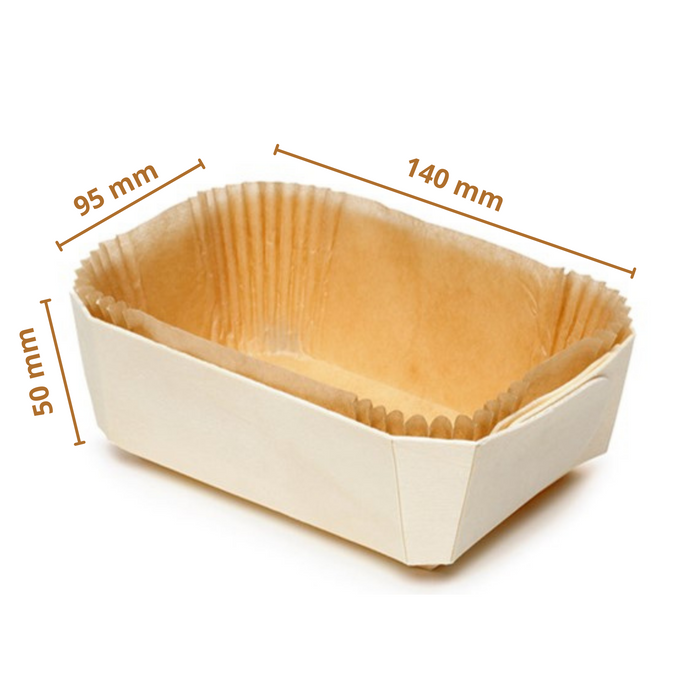 140x95x50 mm - Rectangular Wooden Baking Mold (Pack of 8 Wooden Trays and 24 Paper Liners) | For 250 grams Bake
