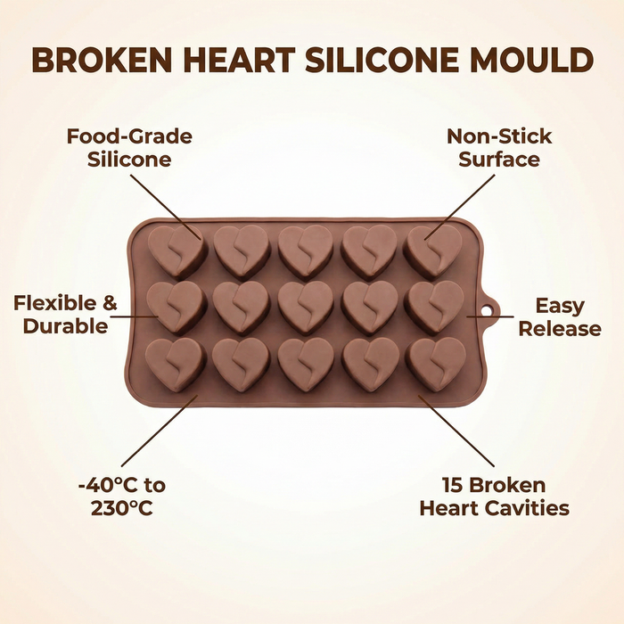 Broken Heart Design- Silicone Chocolate Mould | 15 Cavities | Flexible Non-Stick | Brown