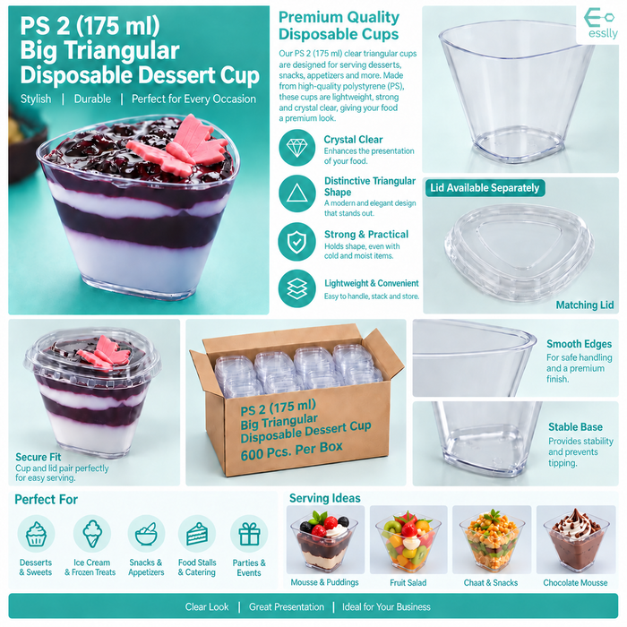 PS 2 (175 ml) Big Triangular Acrylic Clear Dessert Cup | Pack of 100