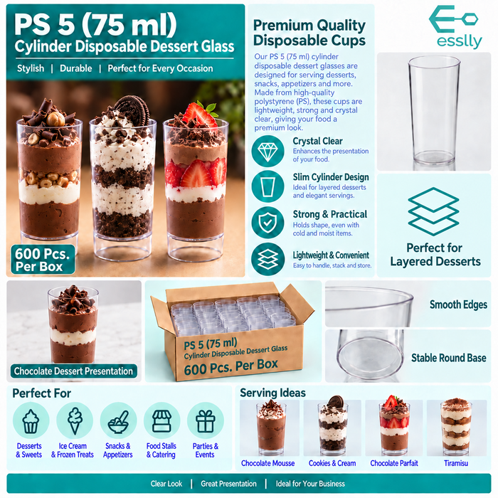 PS 5 (75 ml) Cylinder Glass Acrylic Clear Dessert Cup | Pack of 100
