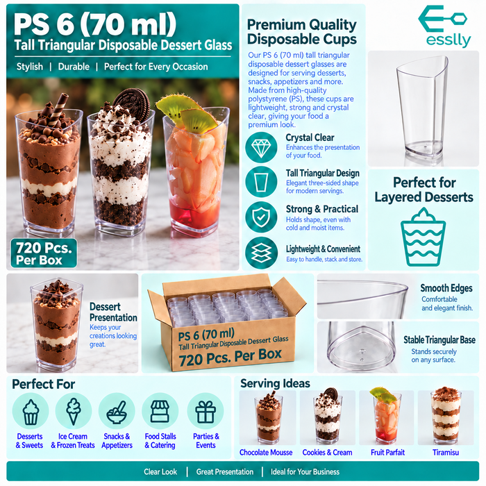 PS 6 (70ml) Tall Triangular Acrylic Clear Dessert Cup | Pack of 100
