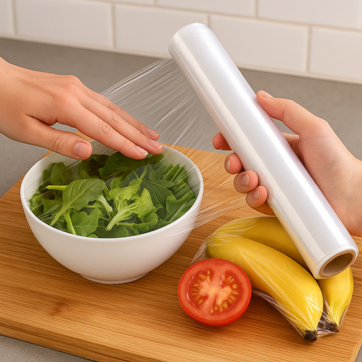 Esslly PVC Cling Film 450 m Roll keeps food fresh and secure.