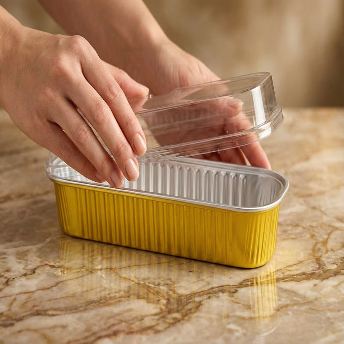 Gold Aluminium Foil Container With Lid - Bake & Serve Rectangular Box