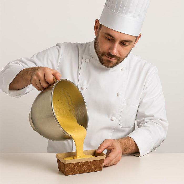 Rectangular Mould with 150 gms capacity bake with a chef pouring cake batter in the mould 