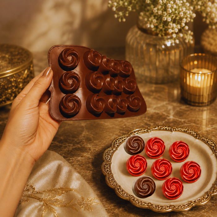 Round Swirl Design- Silicone Chocolate Mould | 15 Cavities | Flexible Non-Stick | Brown