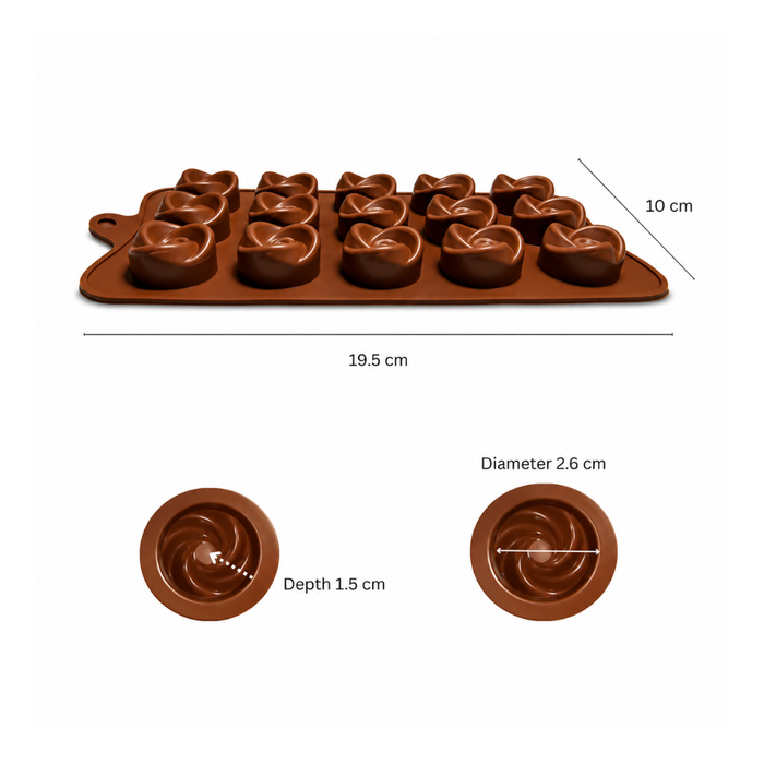 Round Swirl Design- Silicone Chocolate Mould | 15 Cavities | Flexible Non-Stick | Brown