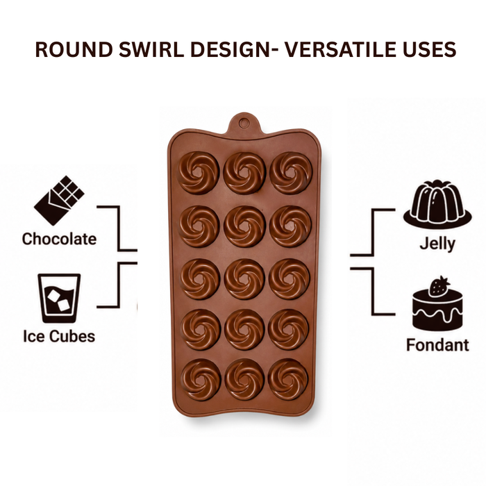 Round Swirl Design- Silicone Chocolate Mould | 15 Cavities | Flexible Non-Stick | Brown