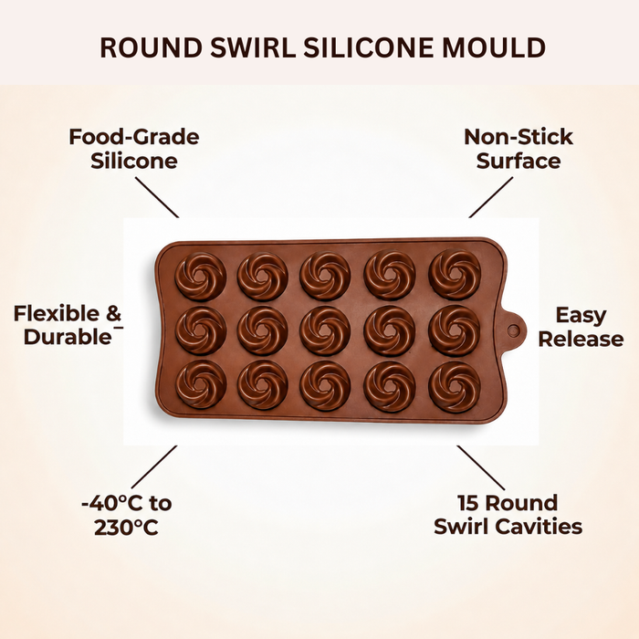 Round Swirl Design- Silicone Chocolate Mould | 15 Cavities | Flexible Non-Stick | Brown